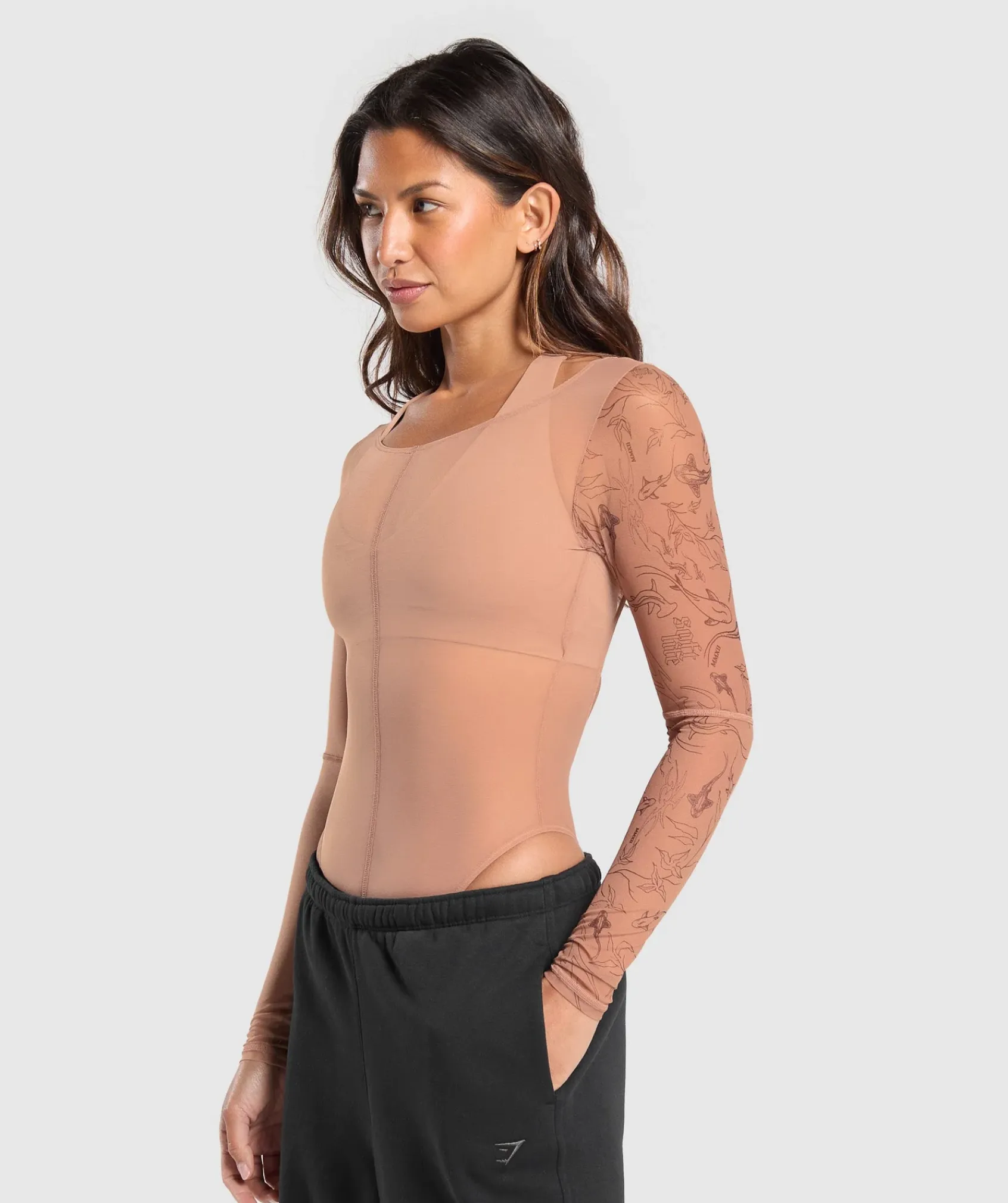 DAMES Gymshark Sportjumpsuit*Elevate Tattoo Graphic Mesh Bodysuit